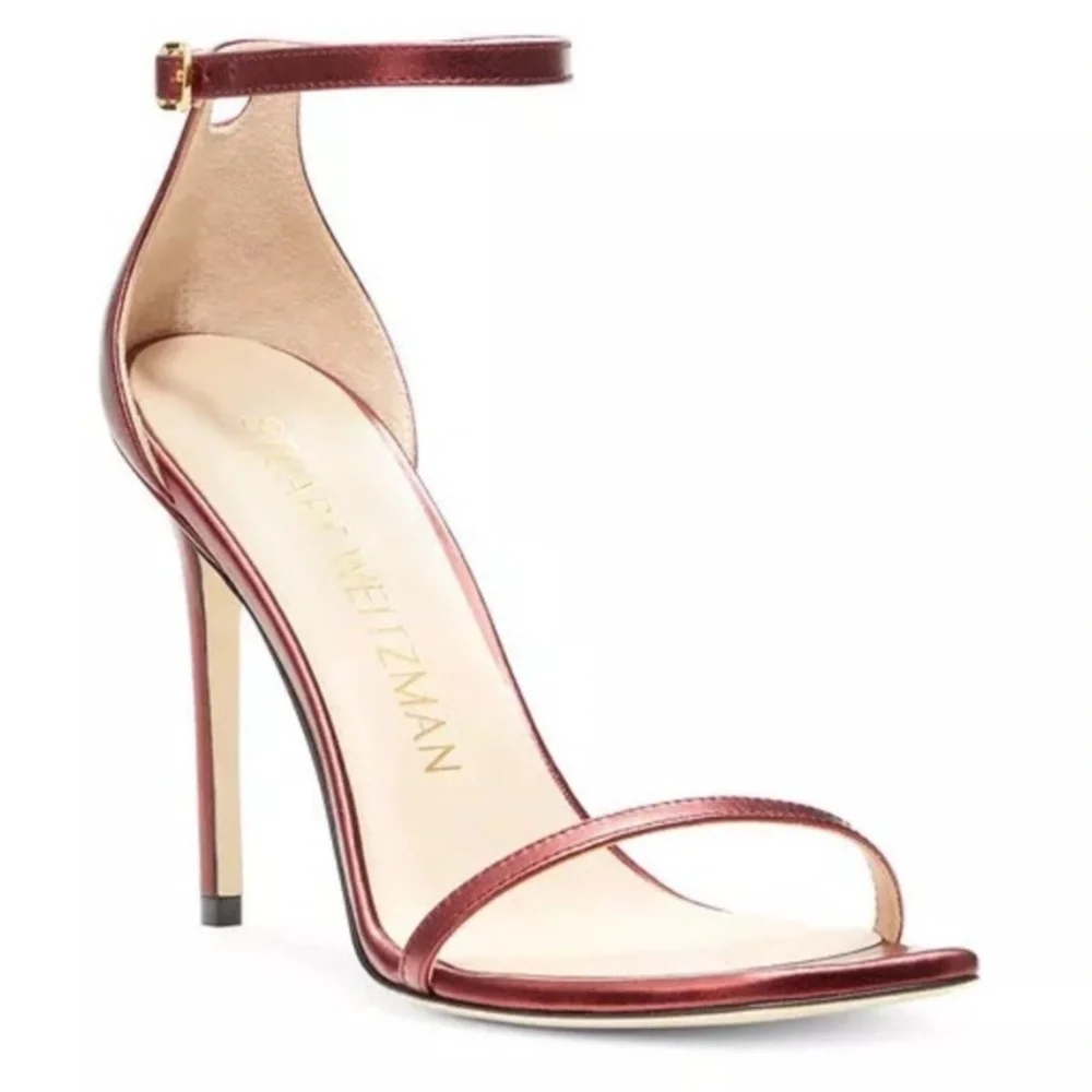 Stuart Weitzman Metallic Red Leather Nudistcurve 100mm Heeled Strap Sandal Sz 9